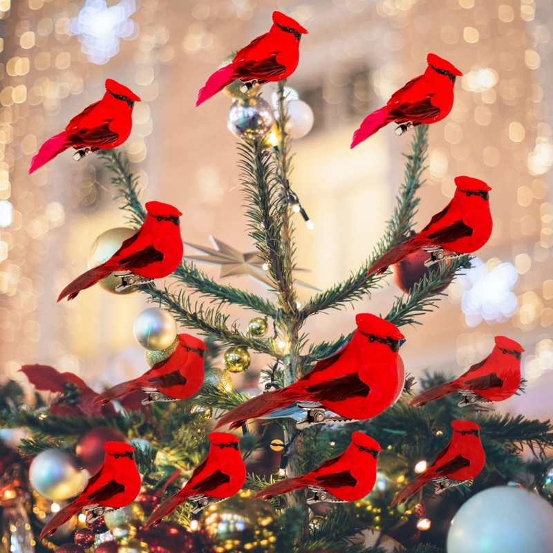 Traditional Holiday Tree Accents, Clip-On Cardinals with Feathered Texture