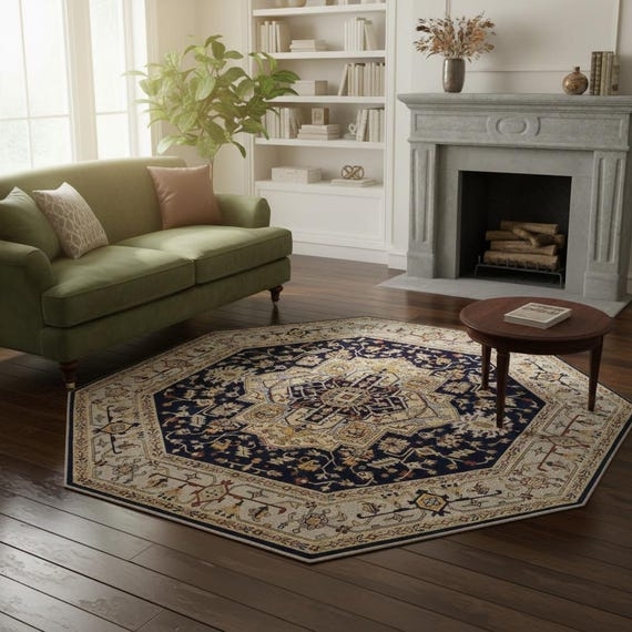Traditional Ivory Medallion Area Rug with Navy Octagon Border and Fringe