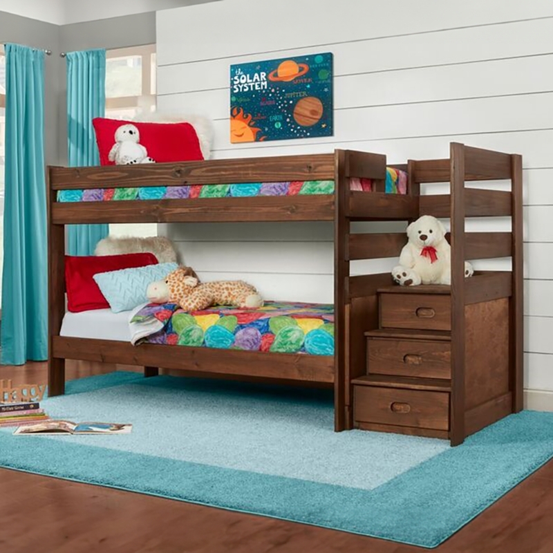 Traditional Natural Wood Bunk Bed with Staircase Entry and Storage