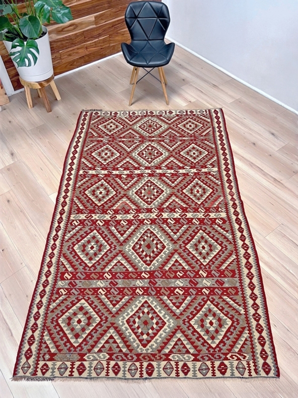 Traditional Red Tribal Kilim Area Rug, Anatolian Geometric Motifs