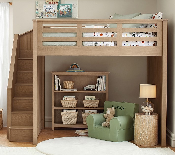 Traditional White Loft Bed with Stairs for Kids Bedroom with Desk