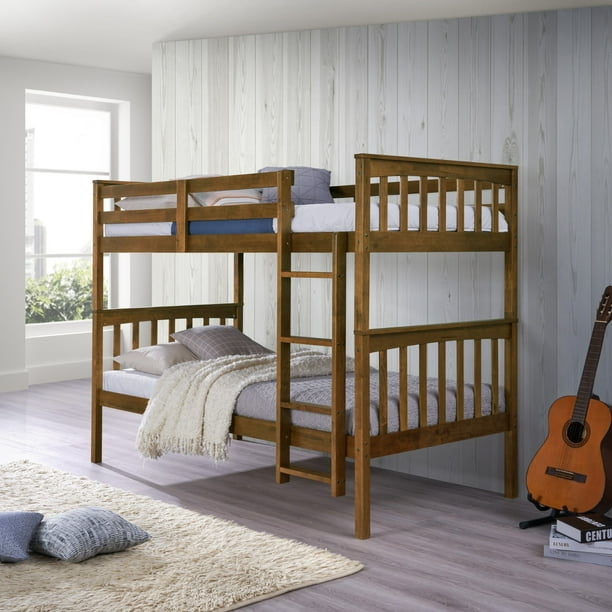 Traditional Wood Bunk Bed in Rich Brown Stain with Angled Ladder