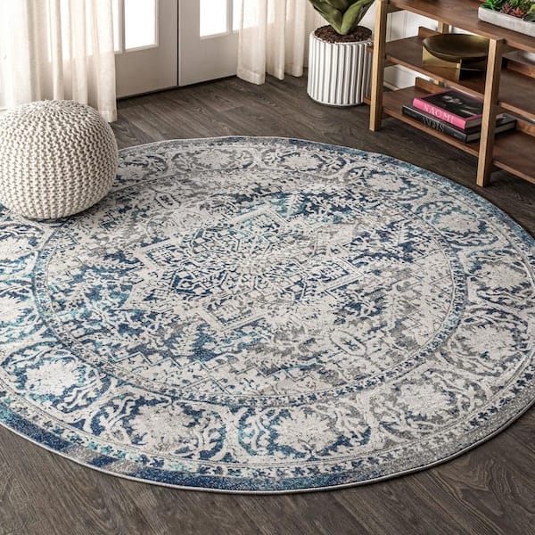 Transitional Bohemian Round Area Rug, Navy Mandala