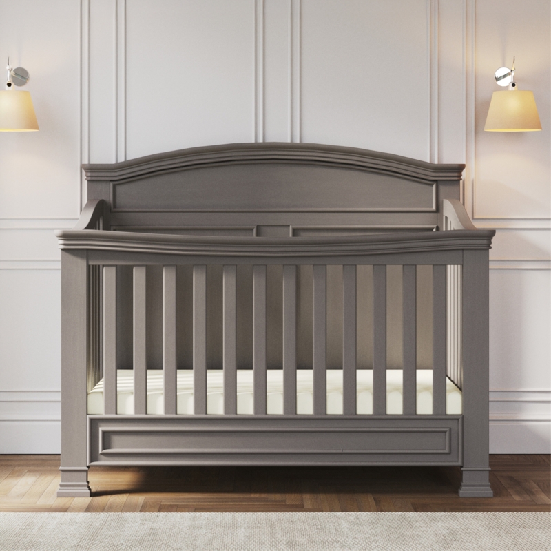 Transitional Convertible Crib, Cool Gray Paneled Headboard Design