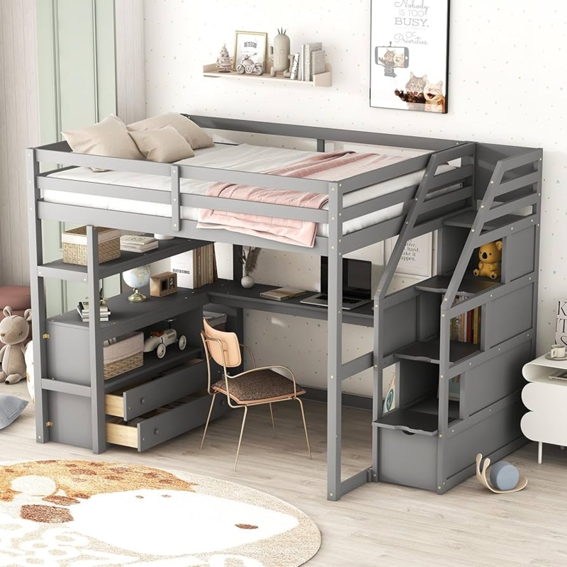 Transitional Gray Loft Bed Workstation with Storage Stairs and Desk