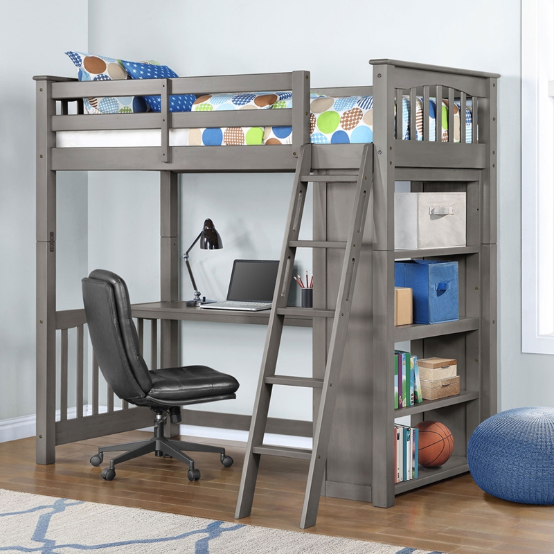 Transitional Twin Loft Bed with Built-in Bookshelf Space-Saving Desk