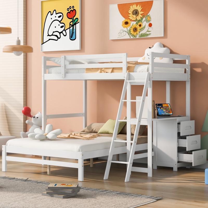 Transitional Twin Over Full Bunk Bed with Desk and Drawers