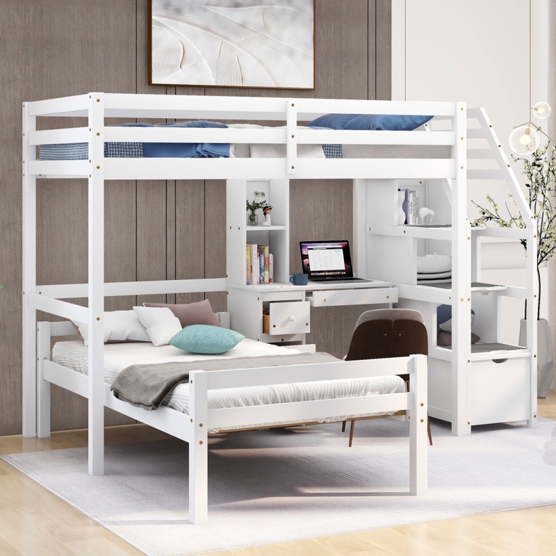 Transitional White Loft Bed with Compact Storage Unit, Desk