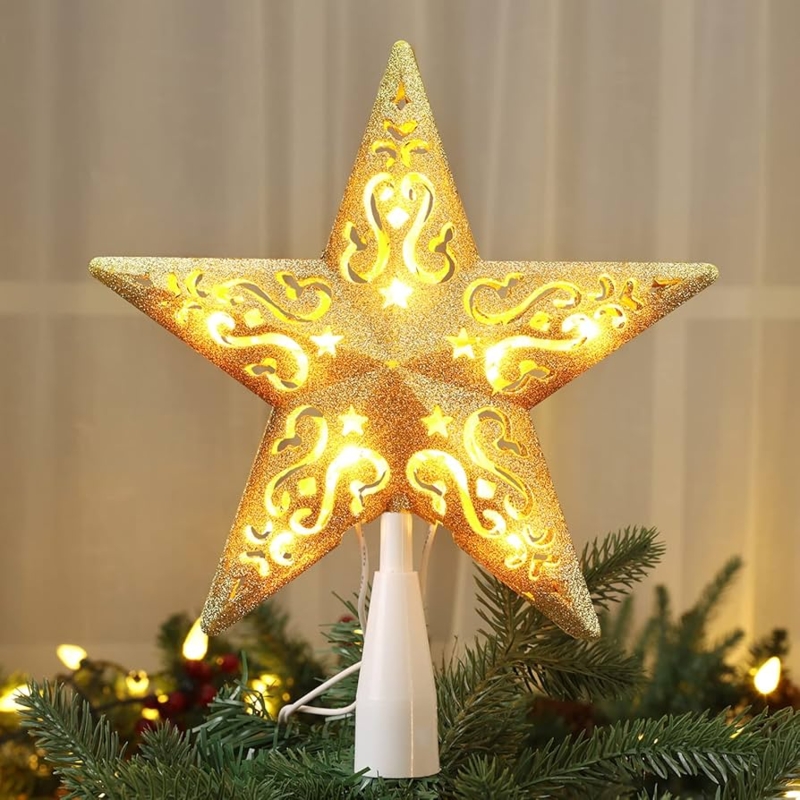 Tree Topper Gold Eight Point Star Hollow 3D Design Glitter