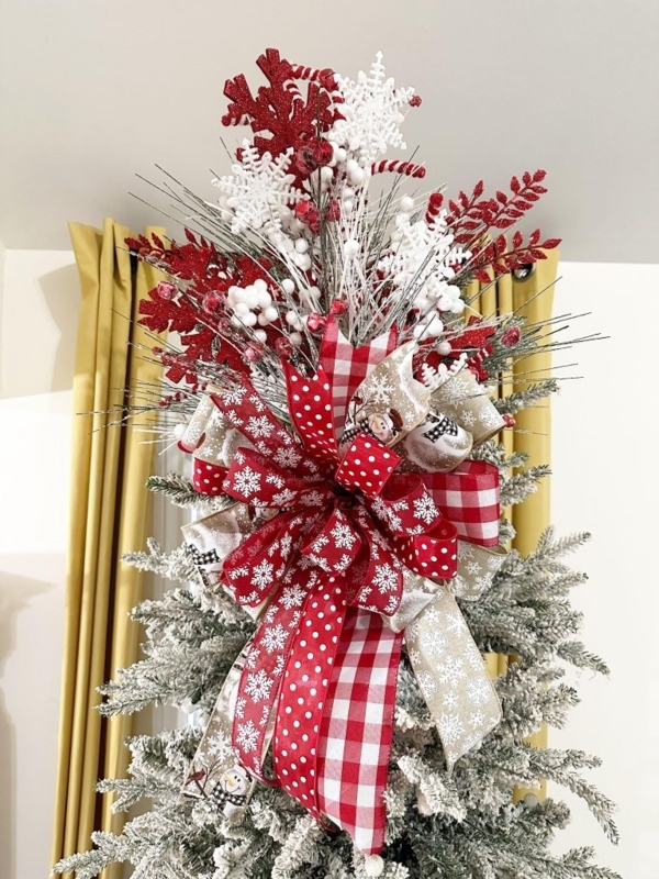 Tree Topper Oversized Bow Mixed Media Floral Picks Rustic Plaid