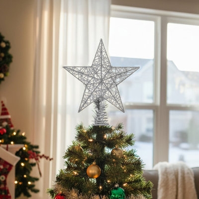 Tree Topper Silver Star Sequin Finish Integrated LED Lights