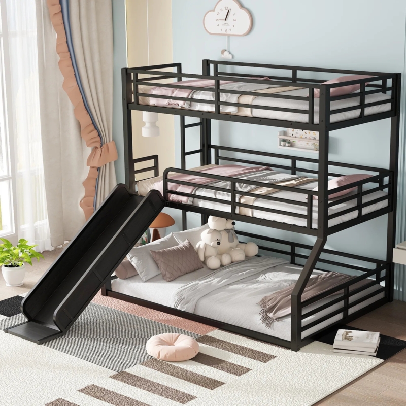 Triple Bunk Bed Black Metal L-Shaped with Integrated Slide
