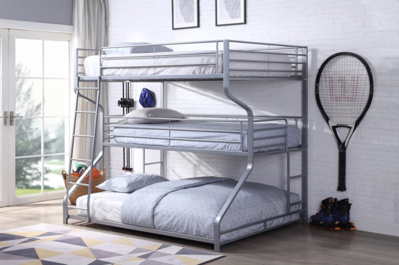 Triple Bunk Bed Gunmetal Dual Tone Metal Staggered Widths Sturdy Frame