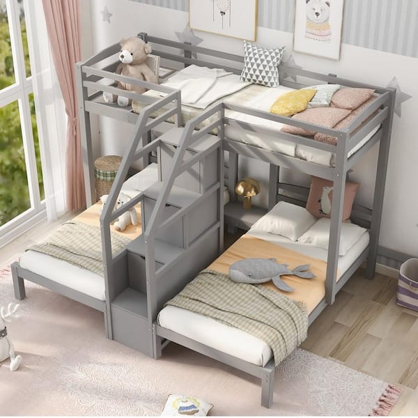 Triple Bunk Bed L-Shaped Design Gray Finish Storage Staircase