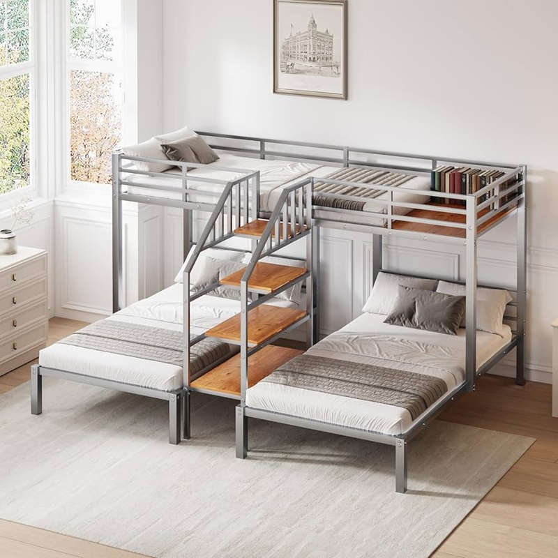 Triple Bunk Bed L-Shaped Grey Metal Storage Stairs Shelves Modern