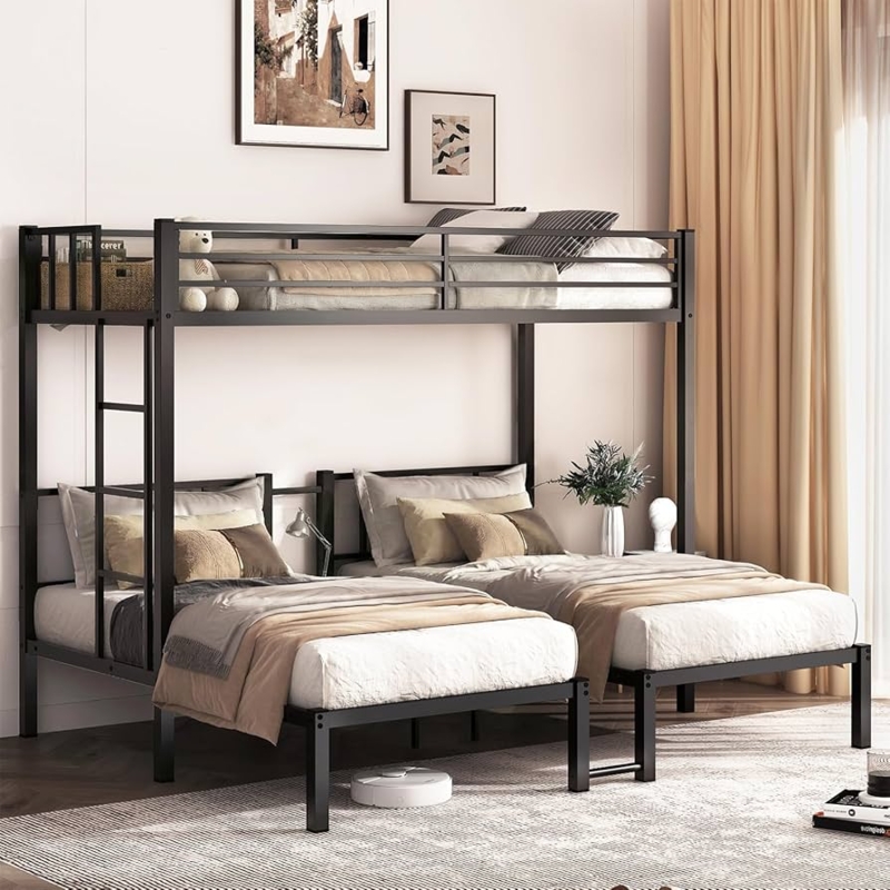 Triple Bunk Bed Metal Perpendicular Layout with Loft Platform