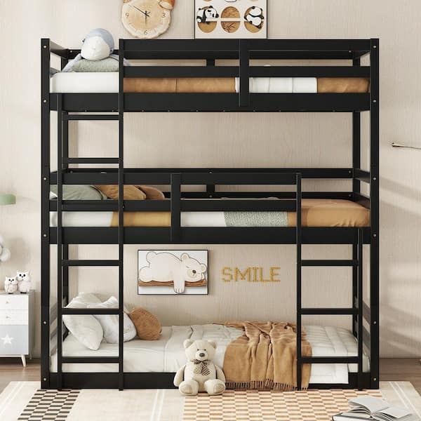 Triple Bunk Bed Metal Twin Size with Integrated Ladders