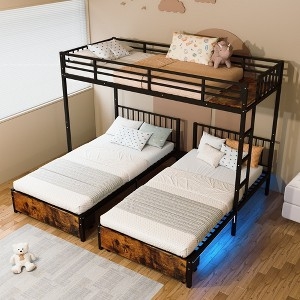 Triple Bunk Bed Minimalist White Metal with Floor Level Base