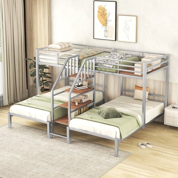 Triple Bunk Bed Silver Metal Storage Stairs Built-In Shelving