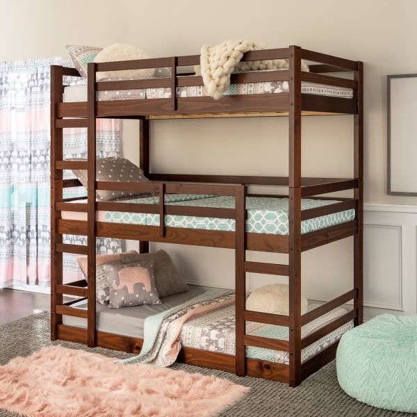 Triple Bunk Bed Walnut Finish Vertical Stack Traditional Style