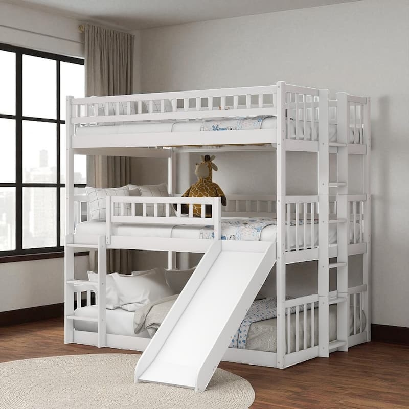 Triple Bunk Bed with Integrated Slide and Guardrails