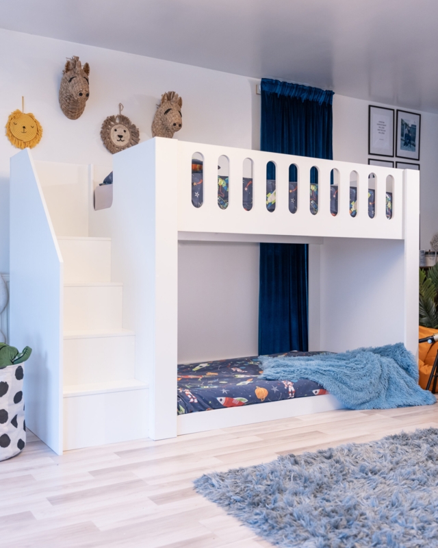Triple Bunk Bed with Integrated Storage Stairs Natural Wood Finish