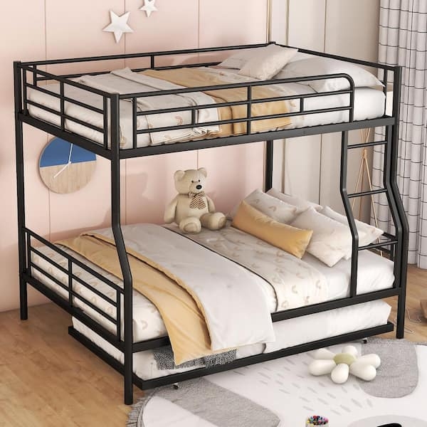 Triple Sleeping Black Metal Bunk Bed with Trundle and Ladder