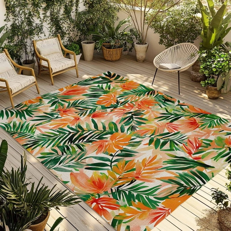 Tropical Area Rug Oversized Palm Leaves Orange and Green
