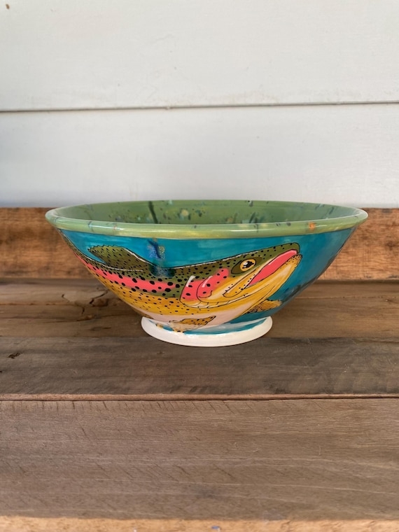 Trout Ceramic Serving Bowl, Hand-Painted Silhouette, Rustic Lodge Decor