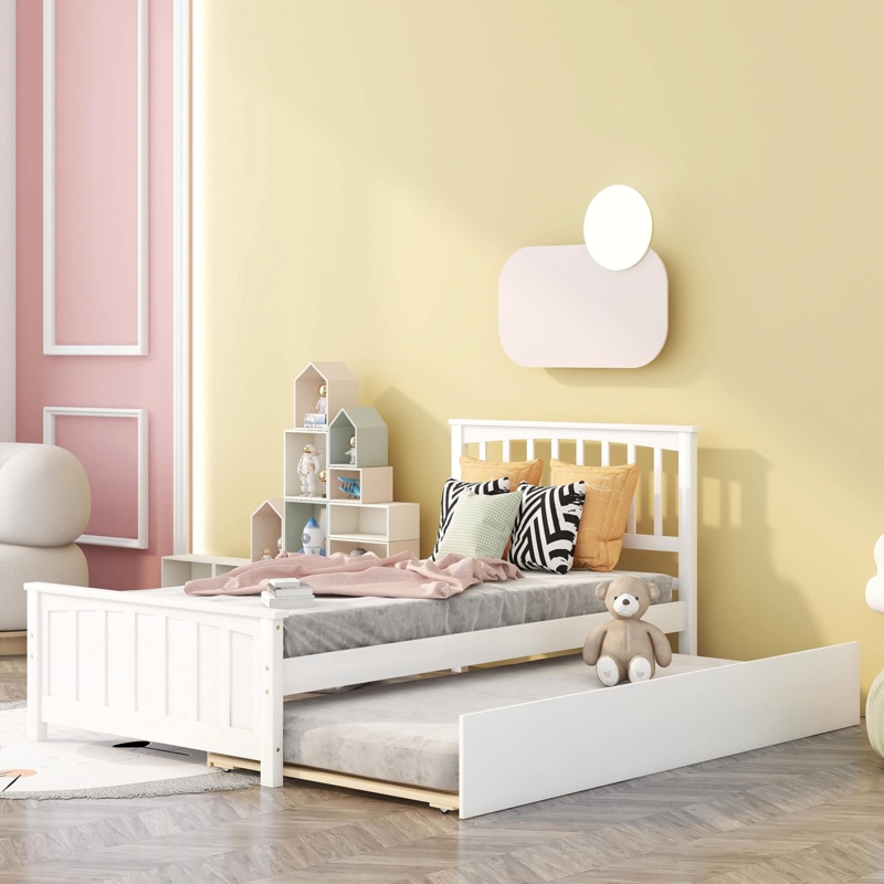 Trundle Bed with Slatted Headboard - White Twin Bed with Trundle