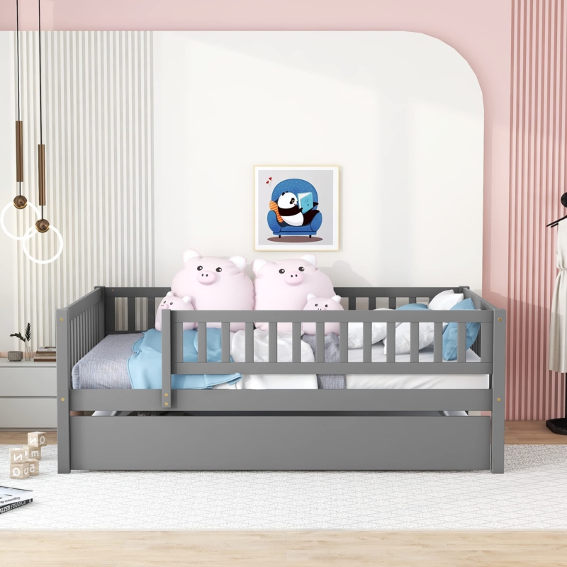 Trundle Daybed with Fence Guardrails - Grey Wooden Daybed with Rails