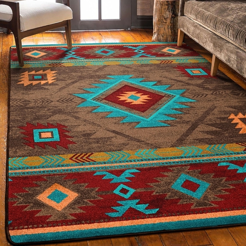 Turquoise Area Rug featuring Distressed Tribal Southwestern Pattern