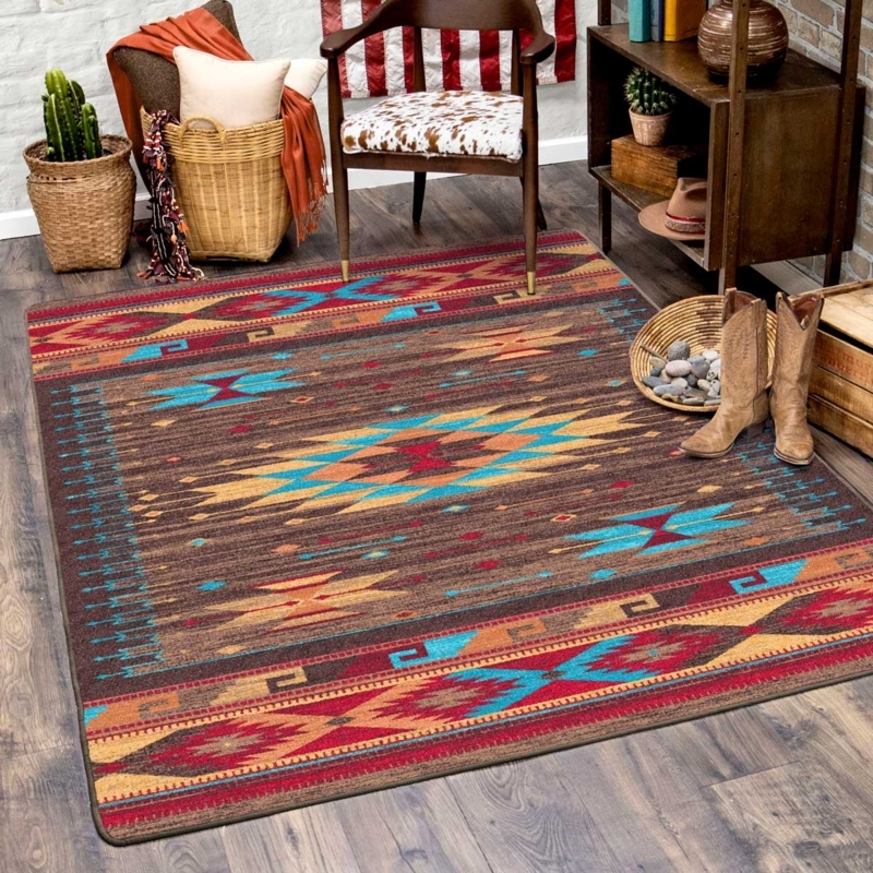 Turquoise Runner Rug featuring Southwestern Geometric Diamond Motifs