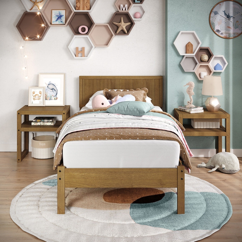 Twin Bed Natural Oak Reeded Headboard Modern Frame Scandinavian Style