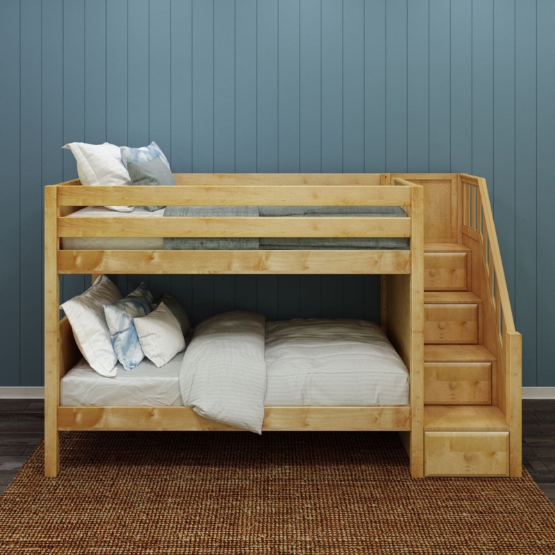 Twin Bunk Bed Natural Wood Finish Integrated Staircase Safe Steps