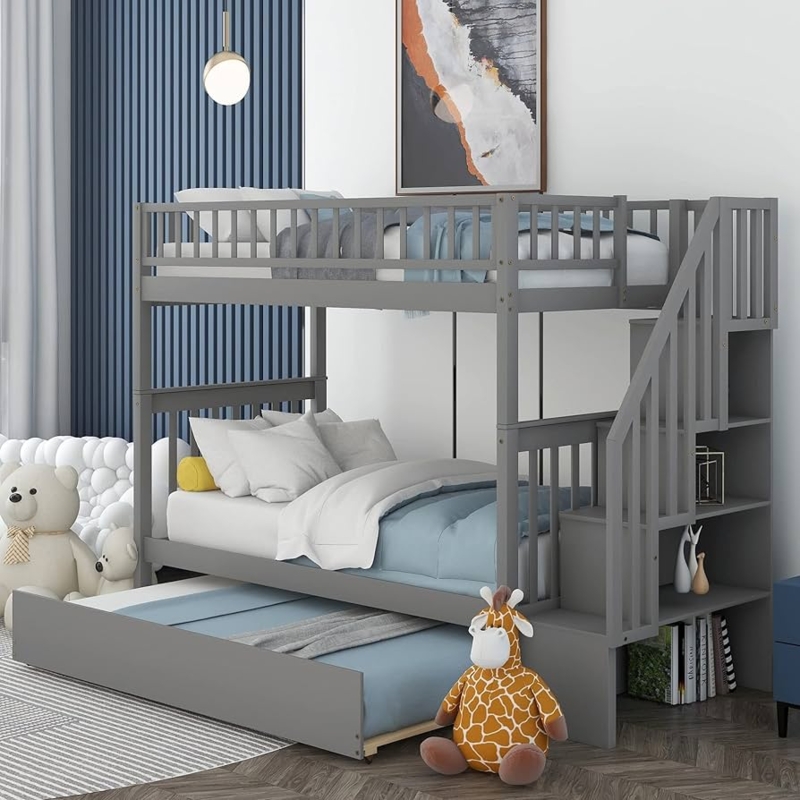 Twin Bunk Bed with Pull-Out Trundle and Integrated Ladder