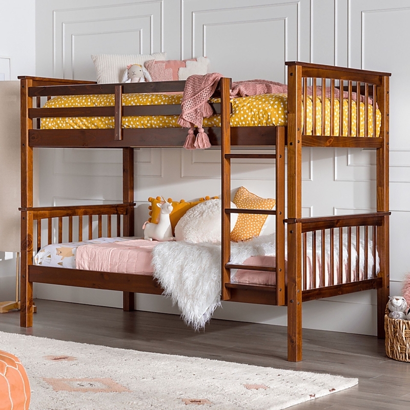 Twin Bunk Bed With Trundle Dark Walnut Finish Mission Slatted Design