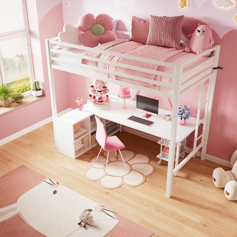 Twin Loft Bed Bicolor White and Wood Toned with Workstation
