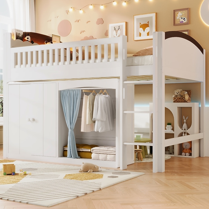 Twin Loft Bed Espresso and White Finish with Wardrobe Cabinet