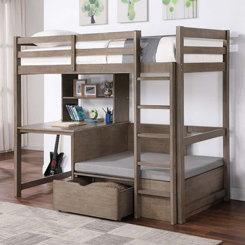 Twin Loft Bed in Gray with Built-in Desk and Cubby Storage Shelves