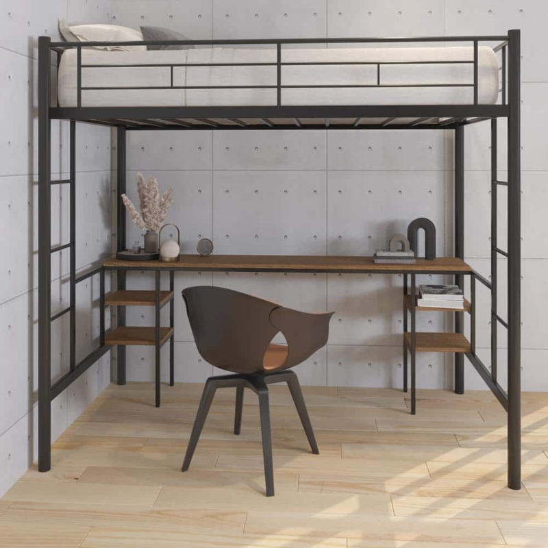Twin Loft Bed Minimalist Metal, Full-Length Desk & Slanted Ladder