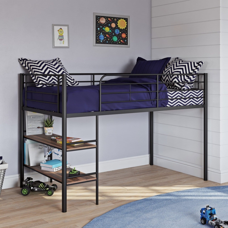 Twin Loft Bed Modern Metal Frame with Built-In Bookshelf