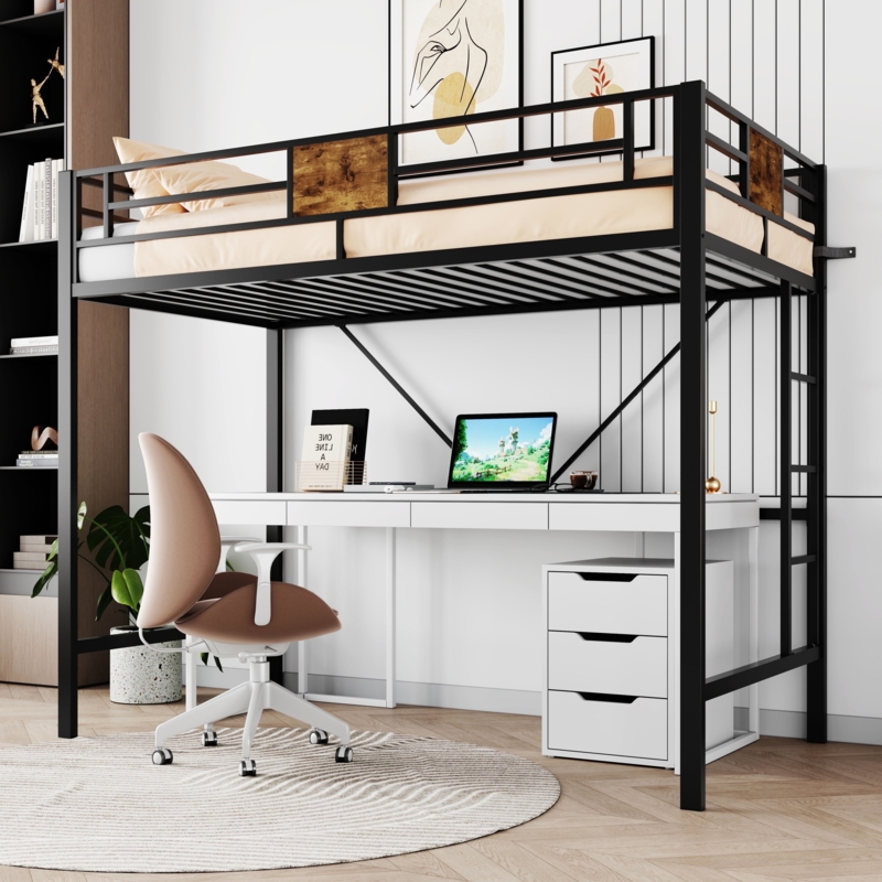 Twin Loft Bed Space-Saving Metal Frame with Integrated Stairs
