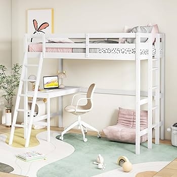 Twin Loft Bed White with Dual Ladders and Integrated Desk Space-Saving
