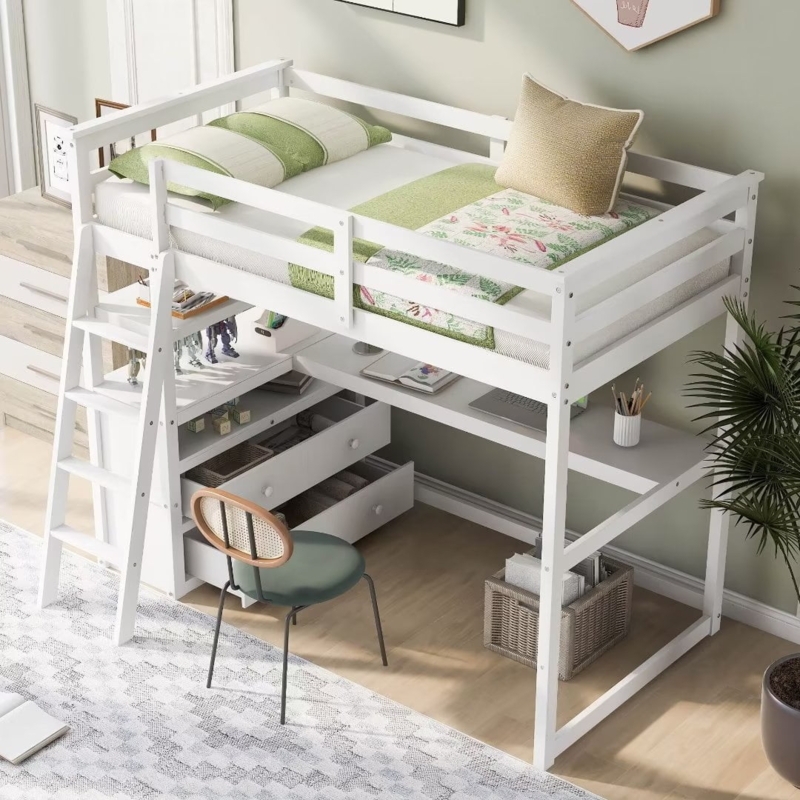 Twin Loft Bed with Angled Ladder, Integrated Desk and Drawers
