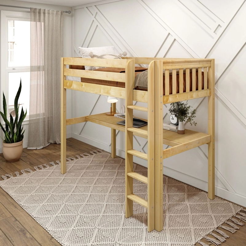 Twin Loft Bed with Full-Length Desk and Vertical Slat Guardrails