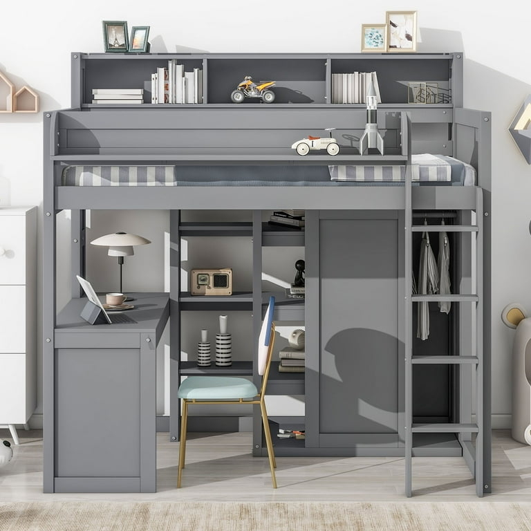 Twin Loft Bed with Slanted Ladder, Wardrobe and Built-in Bookcase
