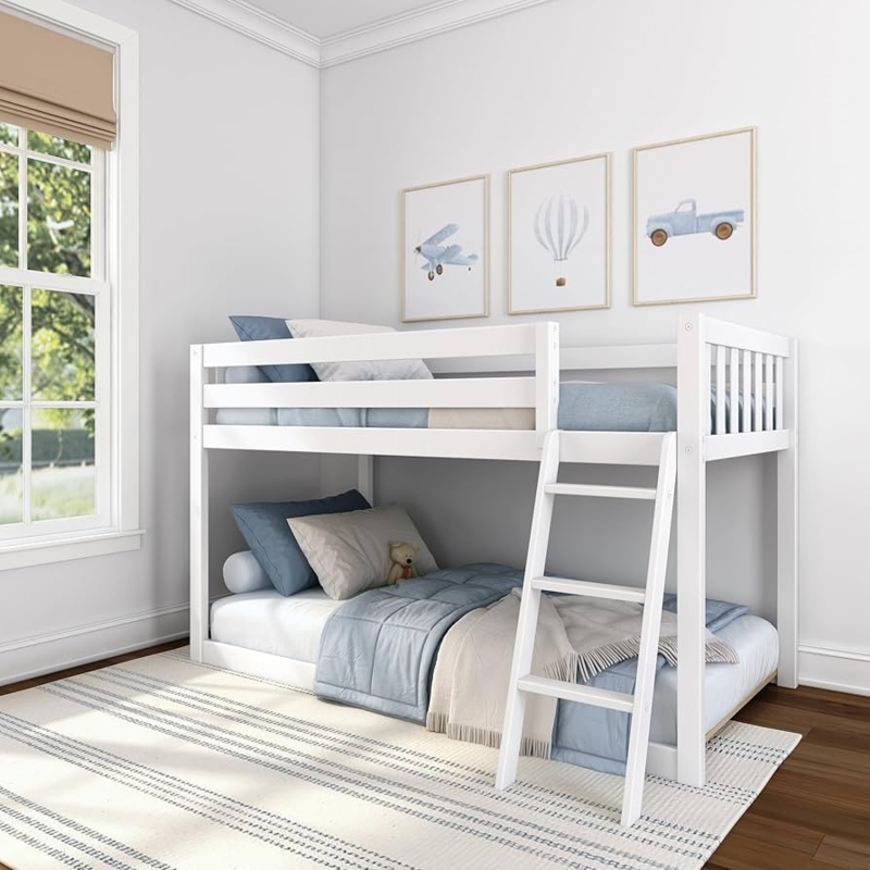 Twin Low Bunk Bed White Scandinavian Slatted Frame