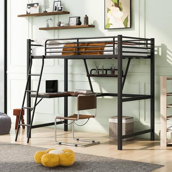 Twin Metal Loft Bed Black Matte Integrated Desk Industrial Style