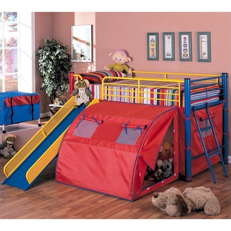 Twin Metal Loft Bed with Slide and Blue Red Play Tent